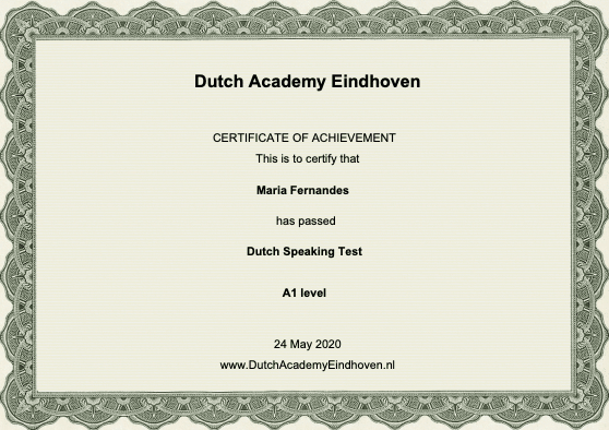 Dutch Course Eindhoven certificate A1